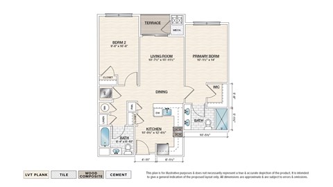 Floor plan for 2 beds, 2 baths, 956 sqft